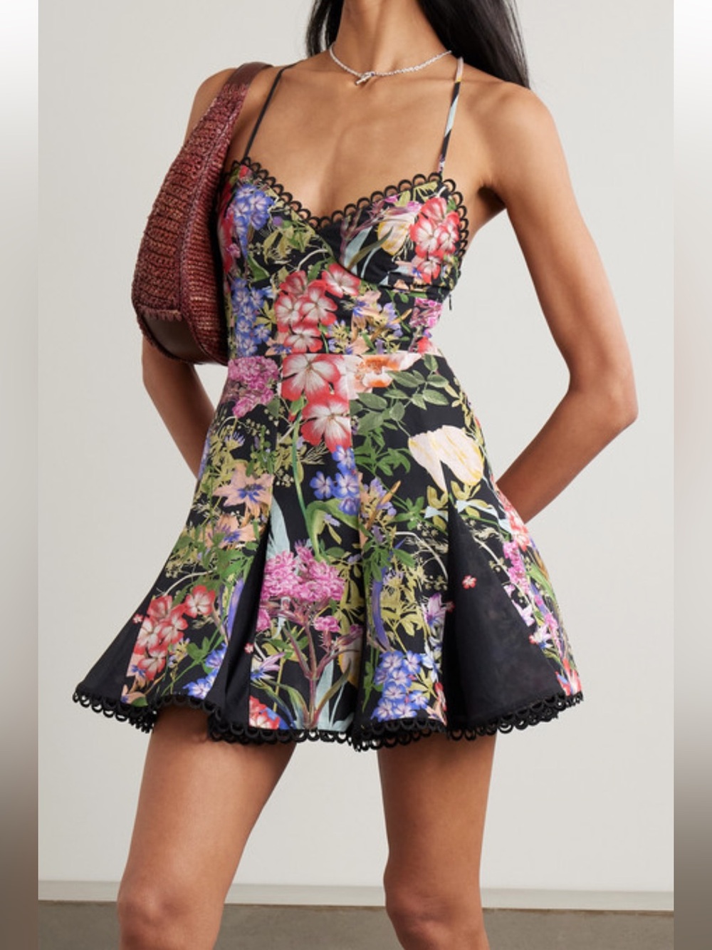 Floral Lace-Trim Fit & Flare Mini Dress in Black